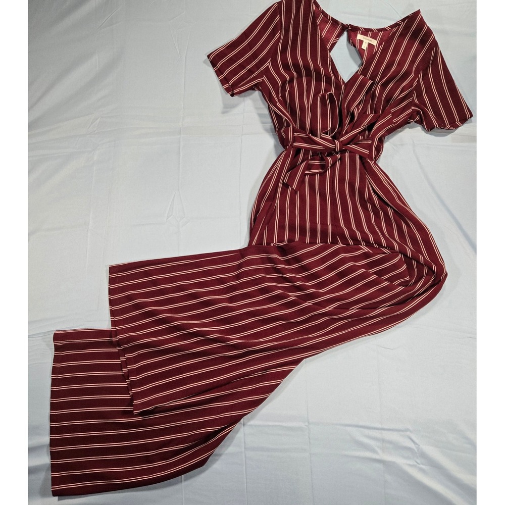Maurices Burgundy Striped Short Sleeve Wide Leg Jumpsuit Small V-Neck Belted